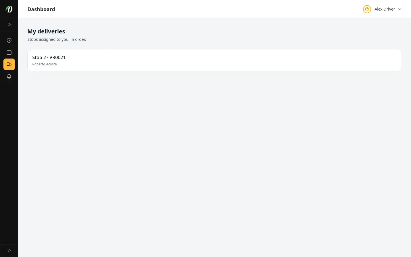 Lista de entregas de la app del repartidor de DabDash mostrando las paradas de hoy en orden de entrega con las direcciones de los clientes