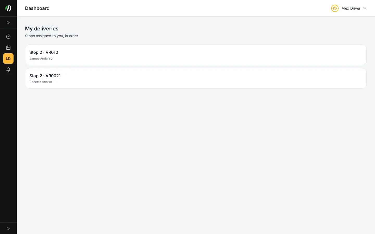 Lista de entregas de la app del repartidor de DabDash mostrando las paradas de hoy en orden de entrega con las direcciones de los clientes