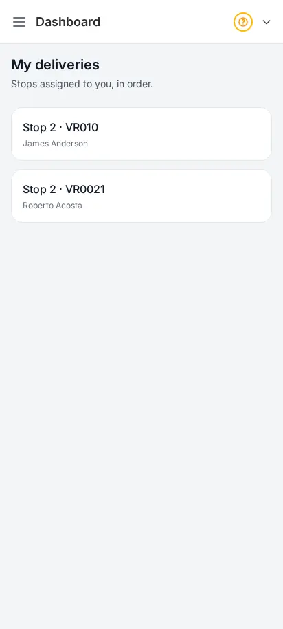 Lista de entregas de la app del repartidor de DabDash mostrando las paradas de hoy en orden de entrega con las direcciones de los clientes — vista móvil