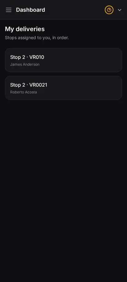 Lista de entregas de la app del repartidor de DabDash mostrando las paradas de hoy en orden de entrega con las direcciones de los clientes — vista móvil