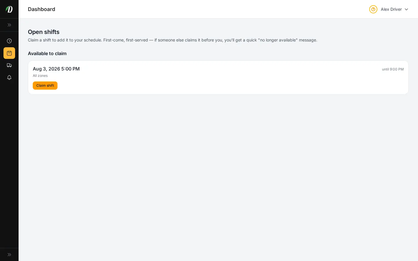 Pantalla de turnos abiertos de la app del repartidor de DabDash donde un repartidor puede tomar un turno de entrega disponible