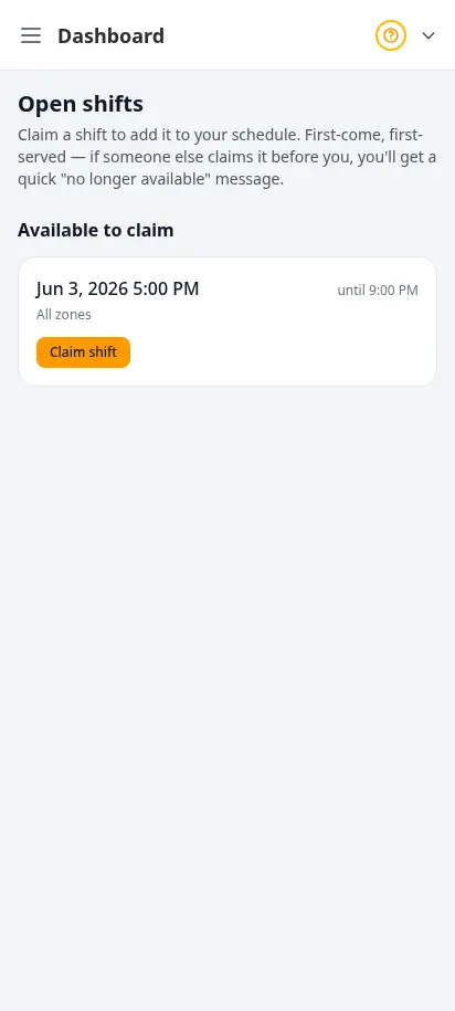 Pantalla de turnos abiertos de la app del repartidor de DabDash donde un repartidor puede tomar un turno de entrega disponible — vista móvil