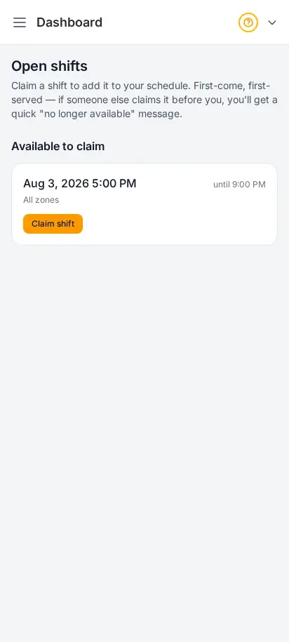 Pantalla de turnos abiertos de la app del repartidor de DabDash donde un repartidor puede tomar un turno de entrega disponible — vista móvil