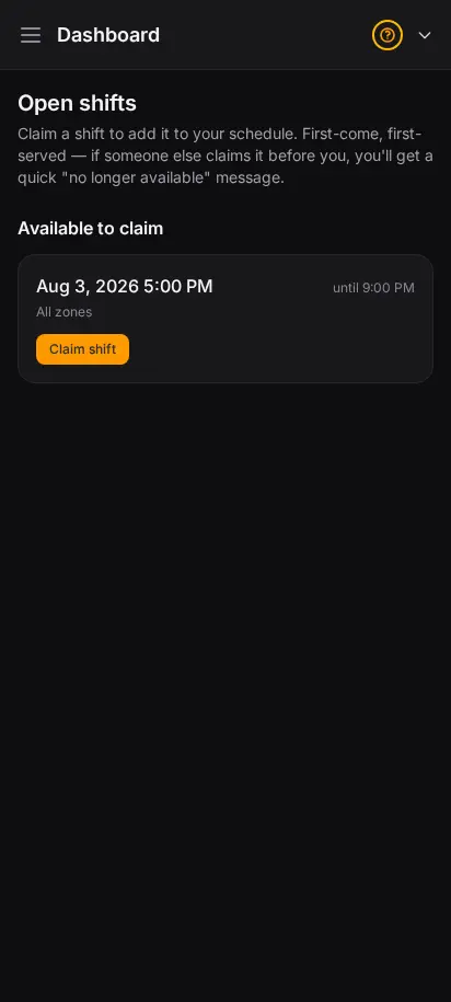 Pantalla de turnos abiertos de la app del repartidor de DabDash donde un repartidor puede tomar un turno de entrega disponible — vista móvil