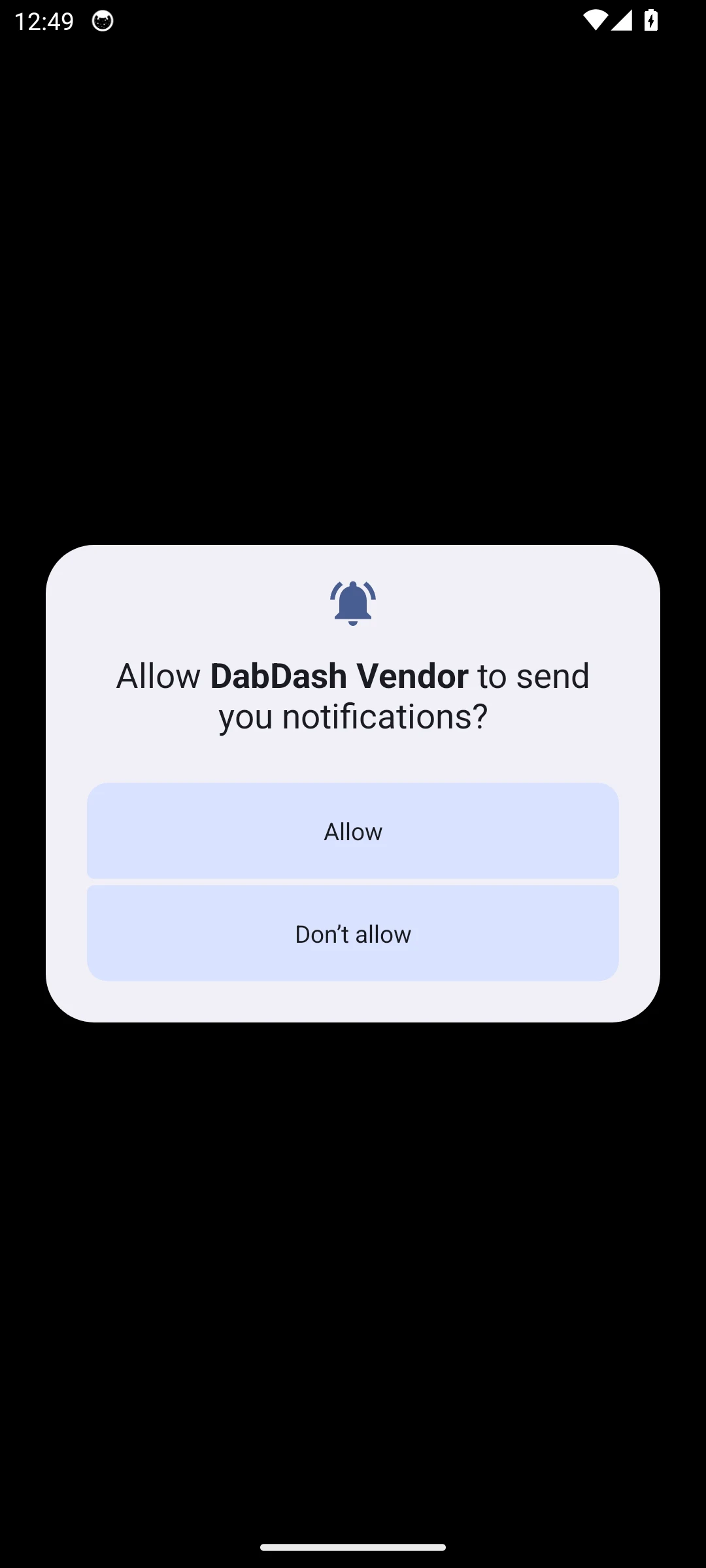 Primer inicio de la app DabDash en Android 14