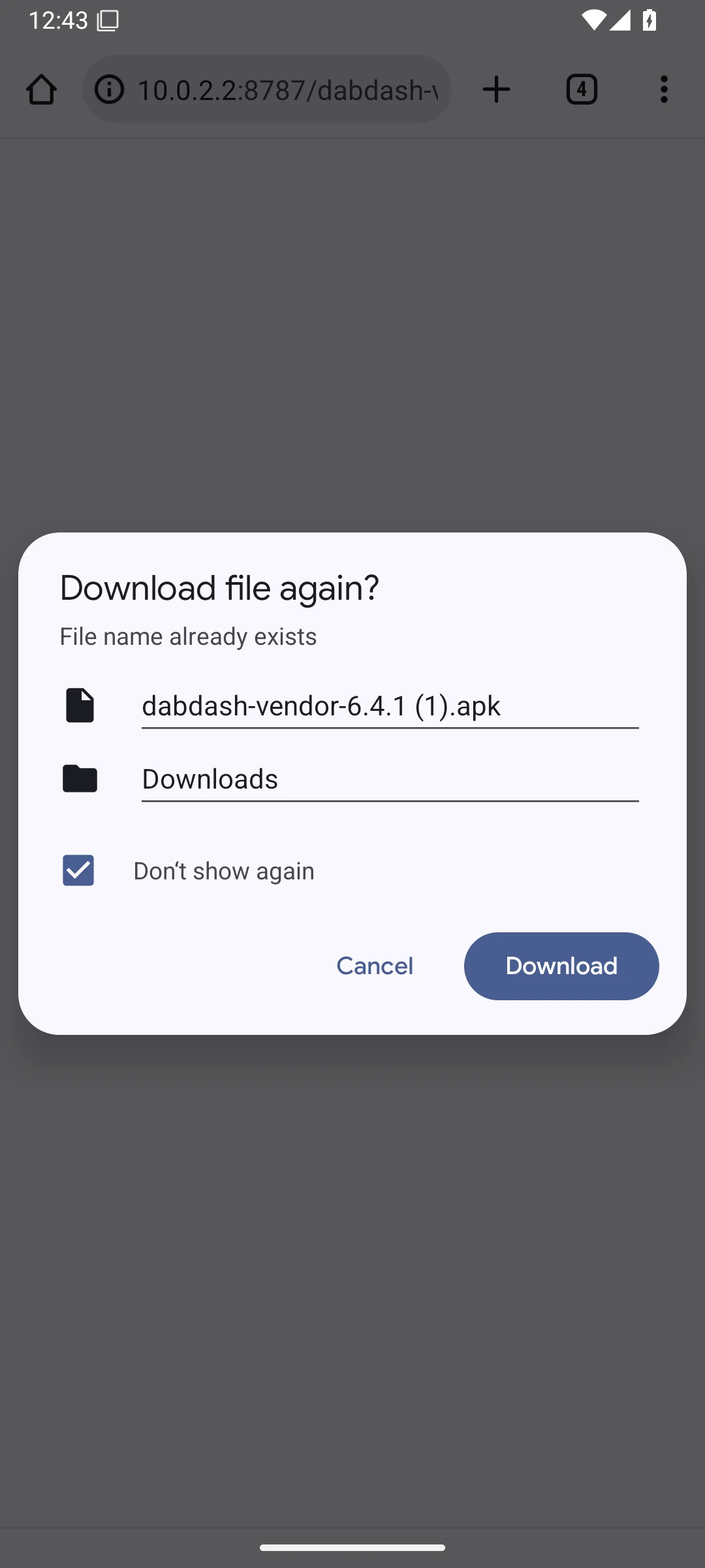 Notificación de descarga del APK de DabDash en Android 15
