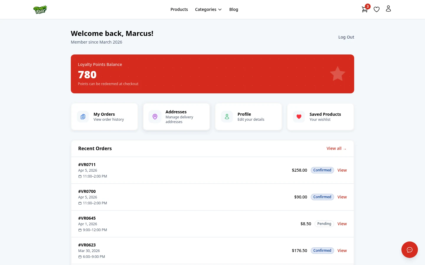 DabDash customer account dashboard showing loyalty points, recent orders, and quick navigation
