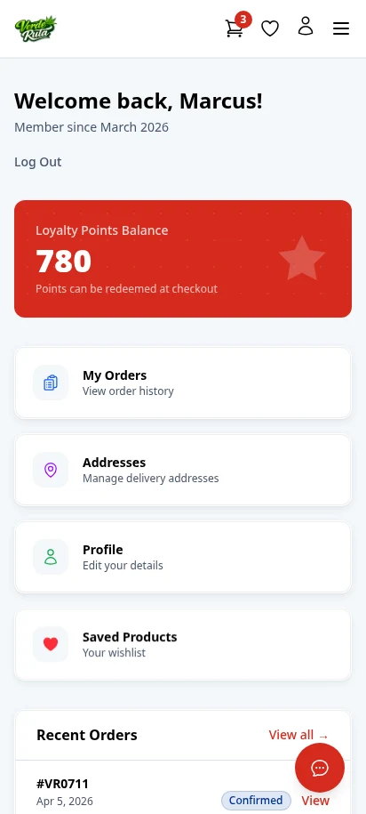 DabDash customer account dashboard showing loyalty points, recent orders, and quick navigation — mobile view