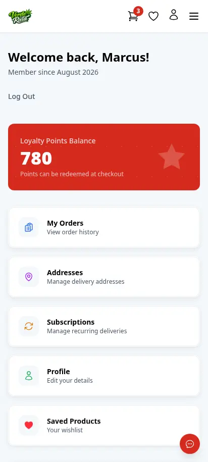Panel de cuenta del cliente de DabDash mostrando puntos de fidelización, pedidos recientes y navegación rápida — vista móvil