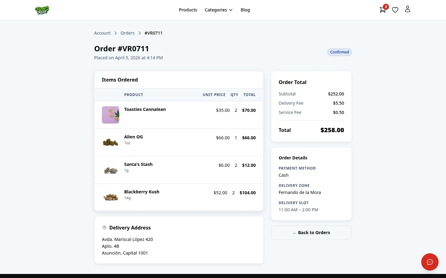 DabDash customer order detail page showing items, address, fees, and order status