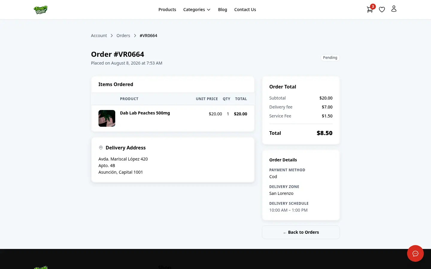 Página de detalle de pedido del cliente de DabDash mostrando artículos, dirección, tarifas y estado del pedido