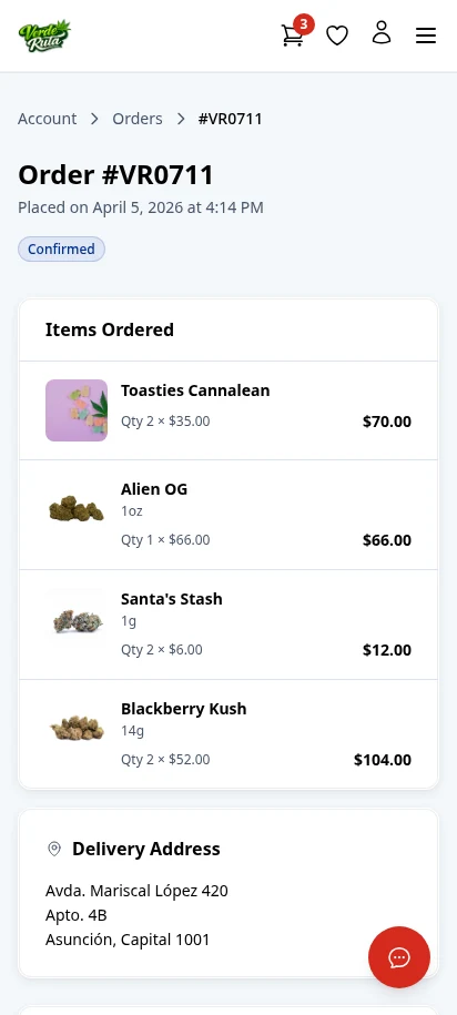 DabDash customer order detail page showing items, address, fees, and order status — mobile view