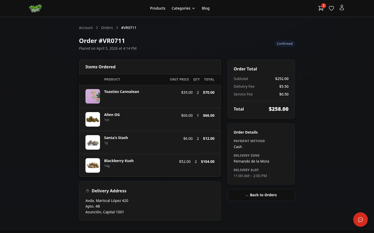 DabDash customer order detail page showing items, address, fees, and order status