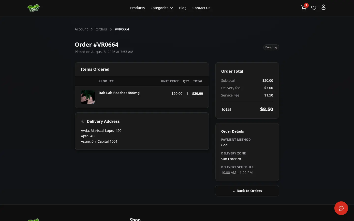 Página de detalle de pedido del cliente de DabDash mostrando artículos, dirección, tarifas y estado del pedido