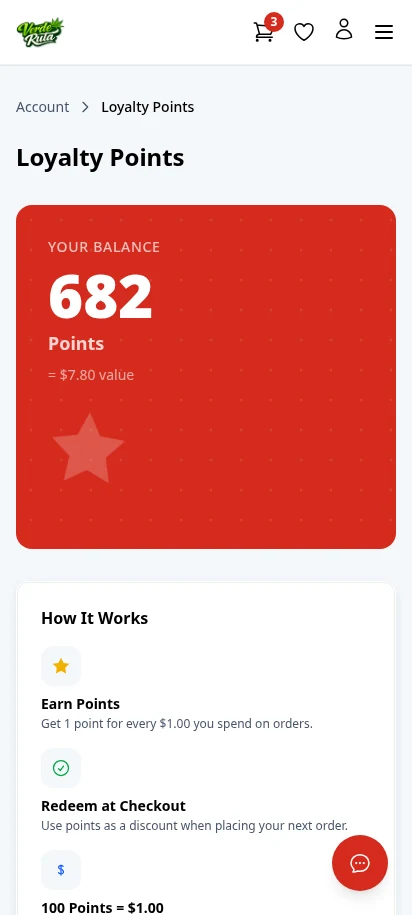 DabDash loyalty page showing points balance and reward history — mobile view