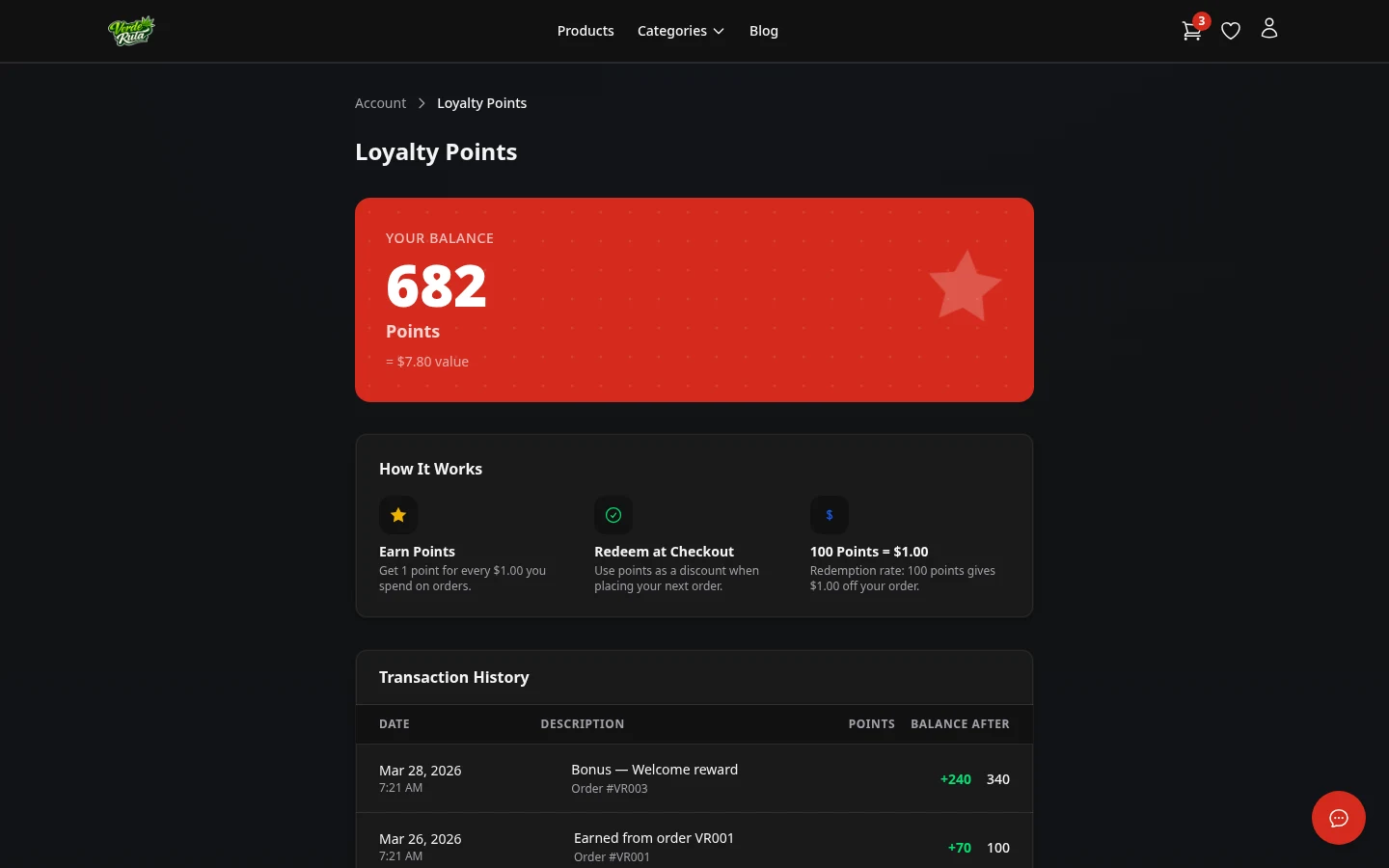 DabDash loyalty page showing points balance and reward history