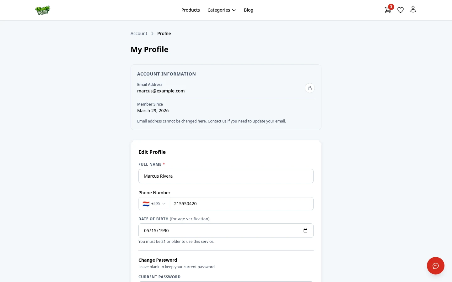 DabDash customer profile page showing saved account details and password controls