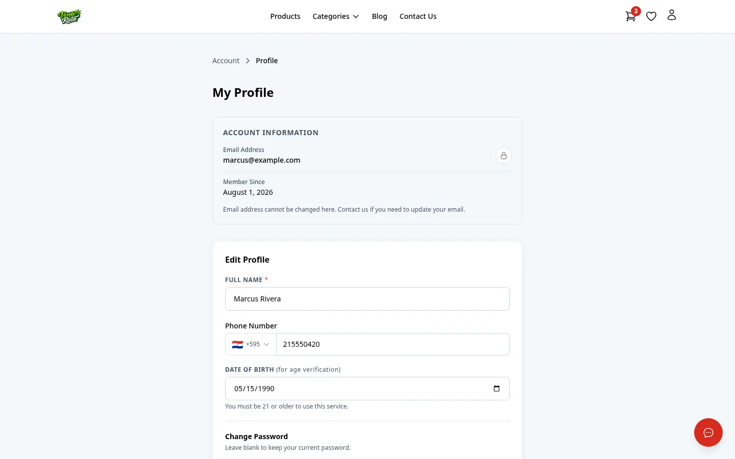 Página de perfil del cliente de DabDash mostrando datos de cuenta guardados y controles de contraseña