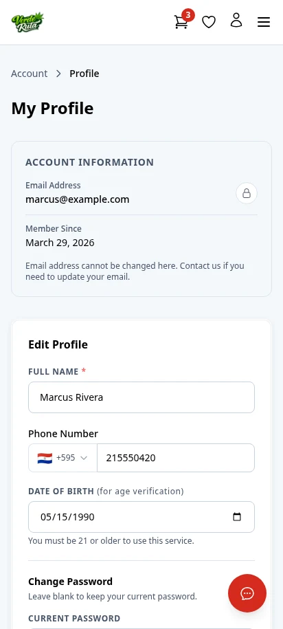 DabDash customer profile page showing saved account details and password controls — mobile view