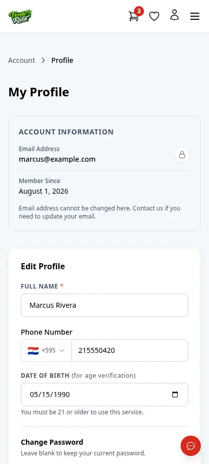 Página de perfil del cliente de DabDash mostrando datos de cuenta guardados y controles de contraseña — vista móvil