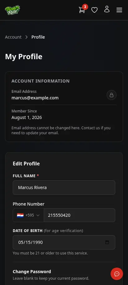 Página de perfil del cliente de DabDash mostrando datos de cuenta guardados y controles de contraseña — vista móvil