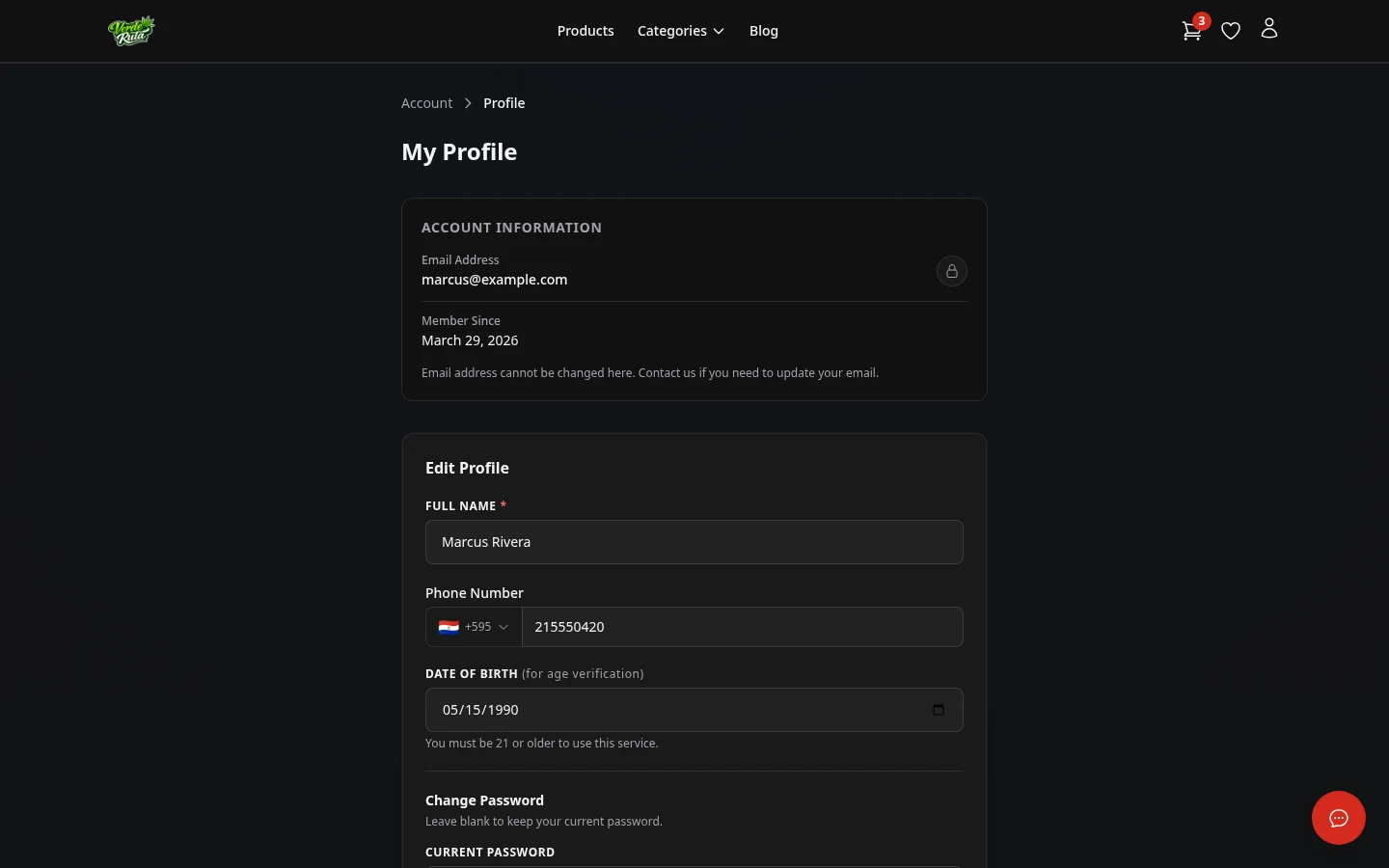 DabDash customer profile page showing saved account details and password controls