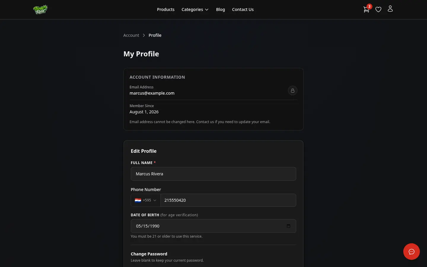 Página de perfil del cliente de DabDash mostrando datos de cuenta guardados y controles de contraseña