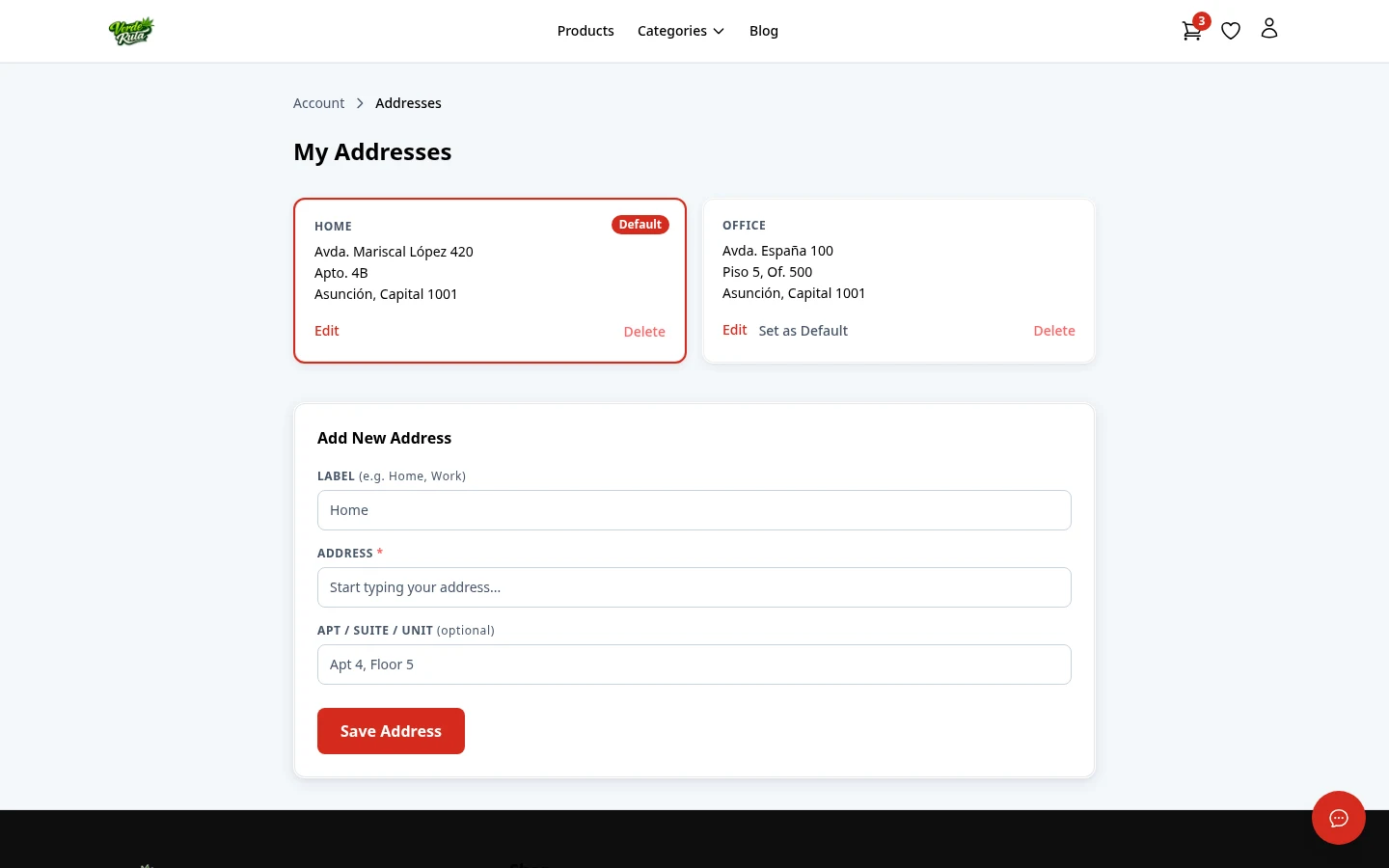 DabDash addresses page showing saved delivery addresses and default address controls