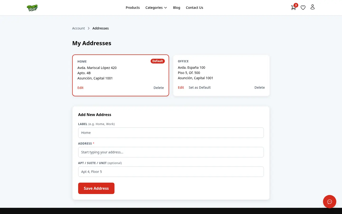 Página de direcciones de DabDash mostrando direcciones de entrega guardadas y controles de dirección predeterminada