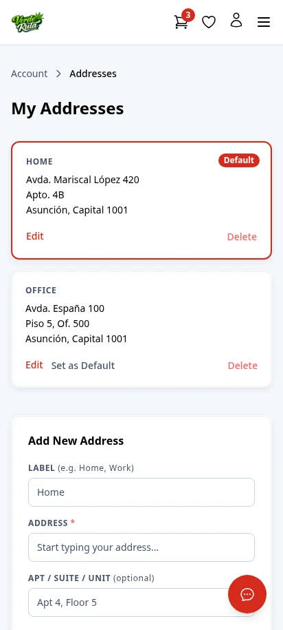 DabDash addresses page showing saved delivery addresses and default address controls — mobile view