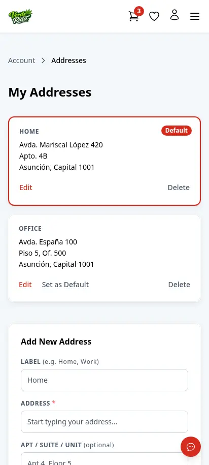 Página de direcciones de DabDash mostrando direcciones de entrega guardadas y controles de dirección predeterminada — vista móvil