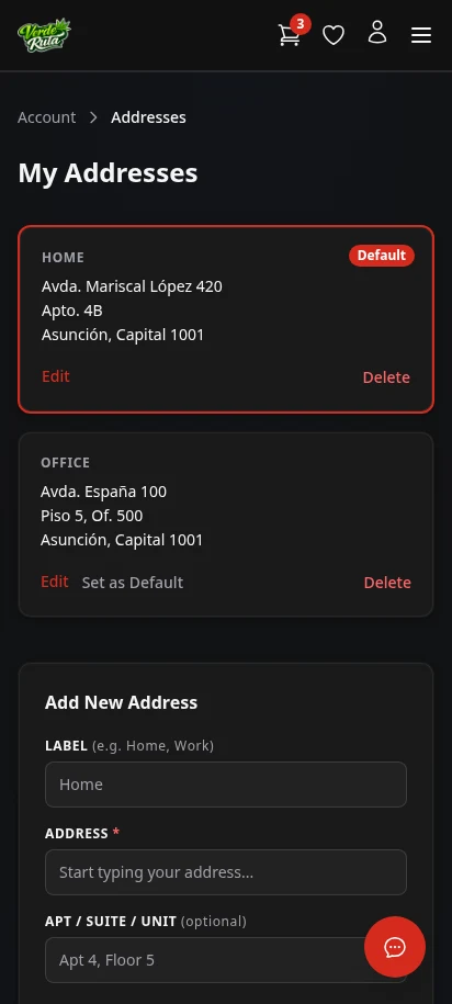 DabDash addresses page showing saved delivery addresses and default address controls — mobile view