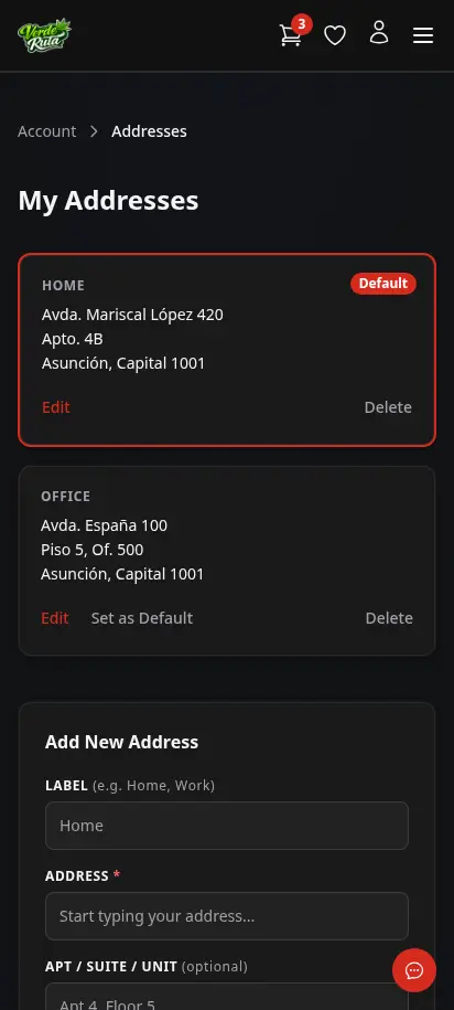 Página de direcciones de DabDash mostrando direcciones de entrega guardadas y controles de dirección predeterminada — vista móvil