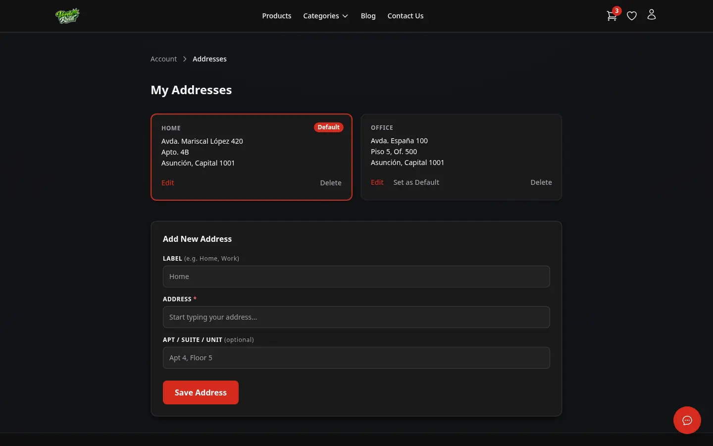 Página de direcciones de DabDash mostrando direcciones de entrega guardadas y controles de dirección predeterminada