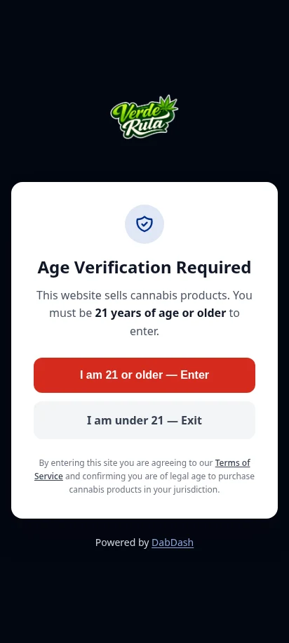 Puerta de verificación de edad de DabDash pidiendo a los visitantes confirmar que tienen 21 años o más antes de entrar a la tienda