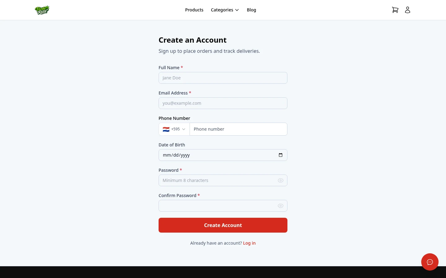 DabDash customer registration page with name, email, phone, date of birth, and password fields