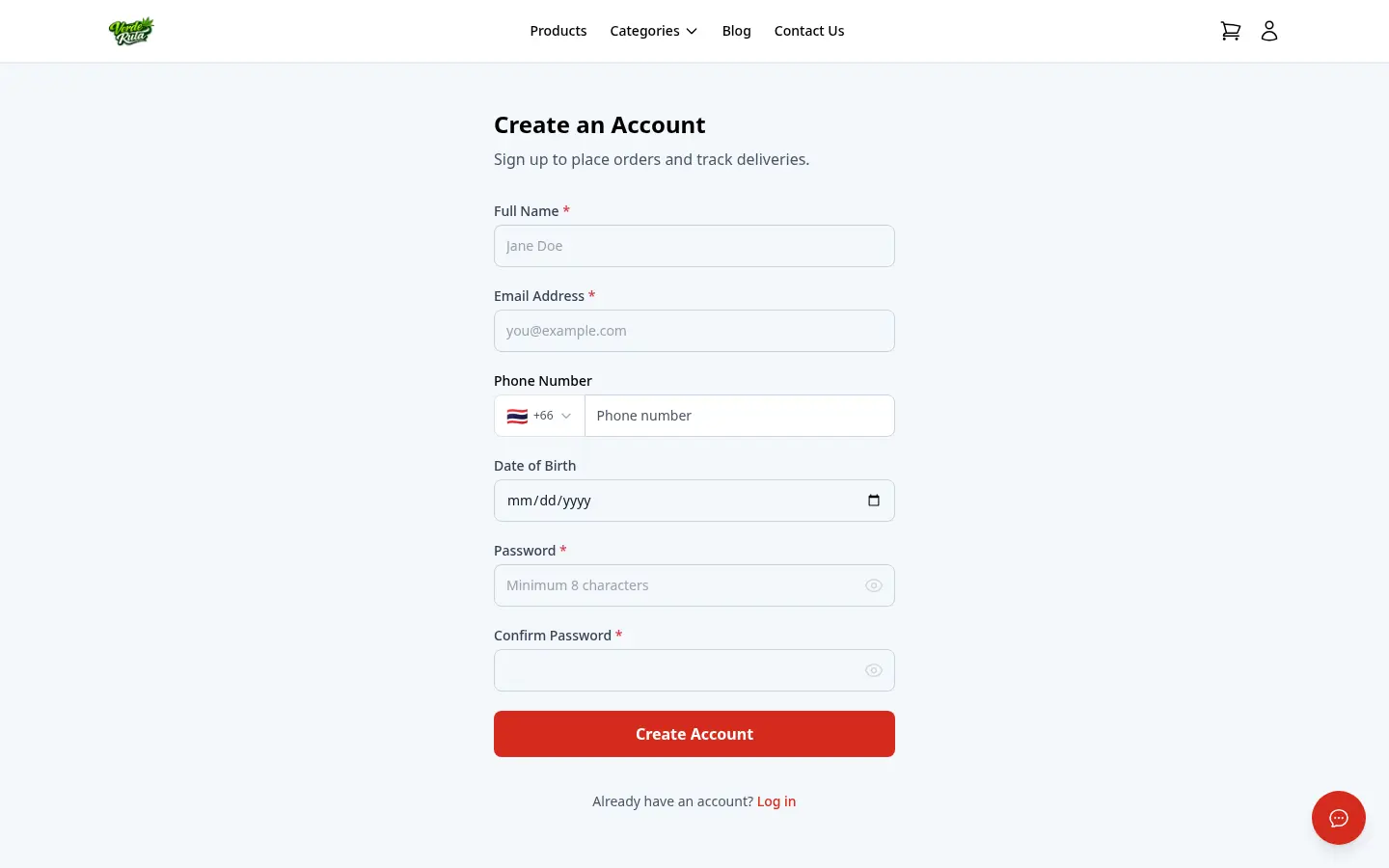 Página de registro de cliente de DabDash con campos de nombre, correo, teléfono, fecha de nacimiento y contraseña