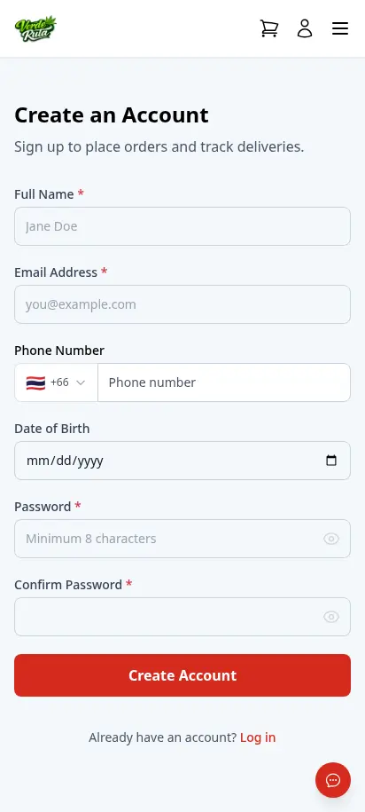 Página de registro de cliente de DabDash con campos de nombre, correo, teléfono, fecha de nacimiento y contraseña — vista móvil