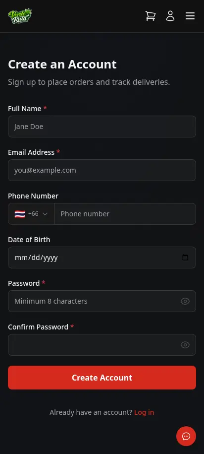 Página de registro de cliente de DabDash con campos de nombre, correo, teléfono, fecha de nacimiento y contraseña — vista móvil