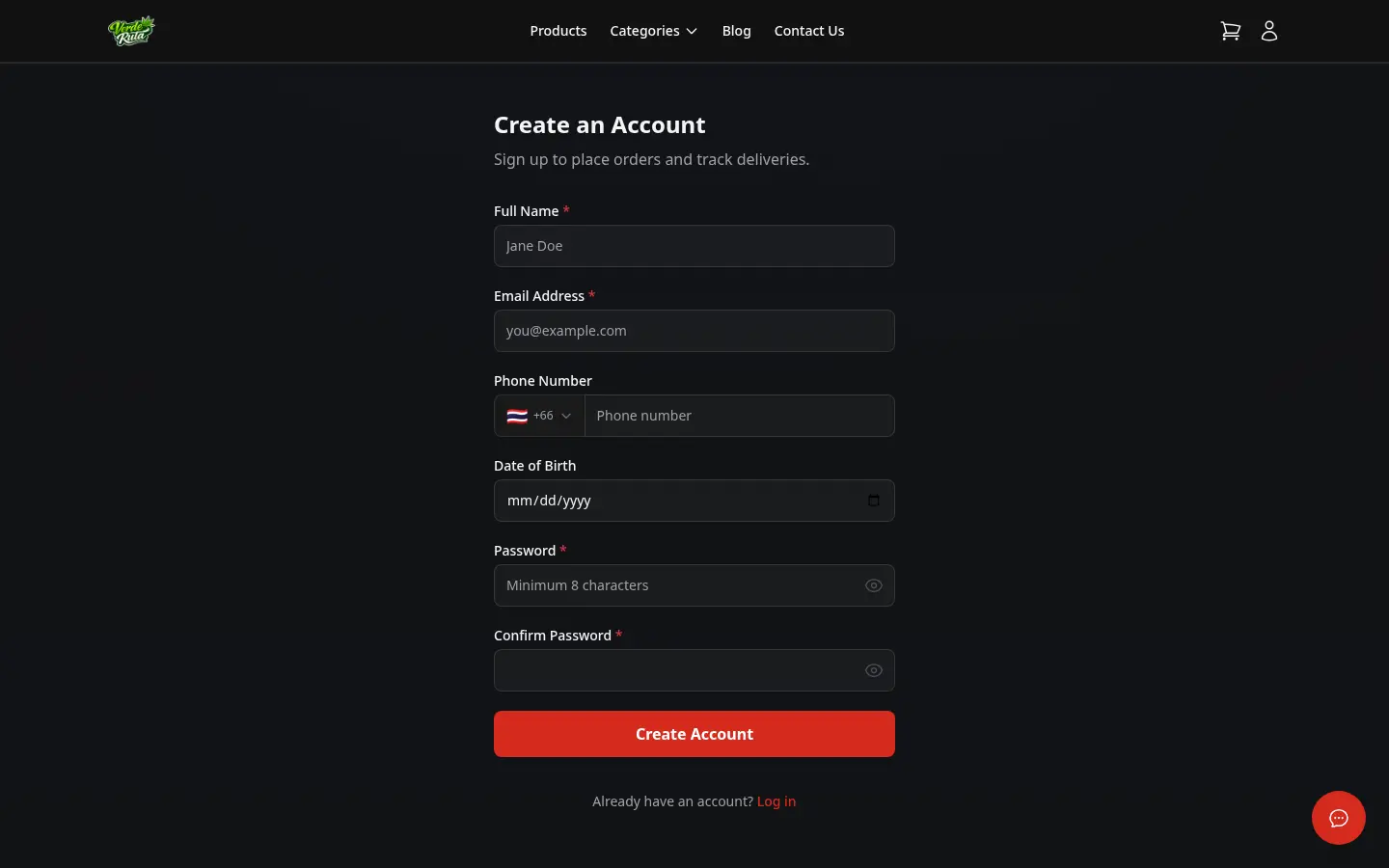 Página de registro de cliente de DabDash con campos de nombre, correo, teléfono, fecha de nacimiento y contraseña