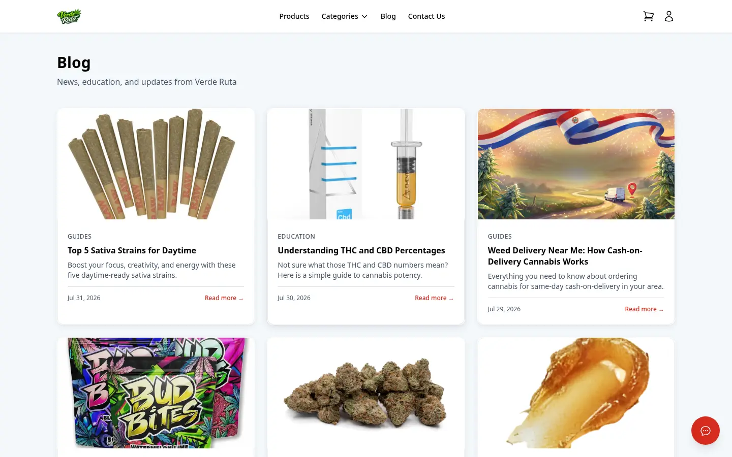 Página de blog de la tienda DabDash mostrando tarjetas de artículos y contenido destacado