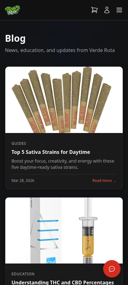 DabDash storefront blog page showing article cards and featured content — mobile view