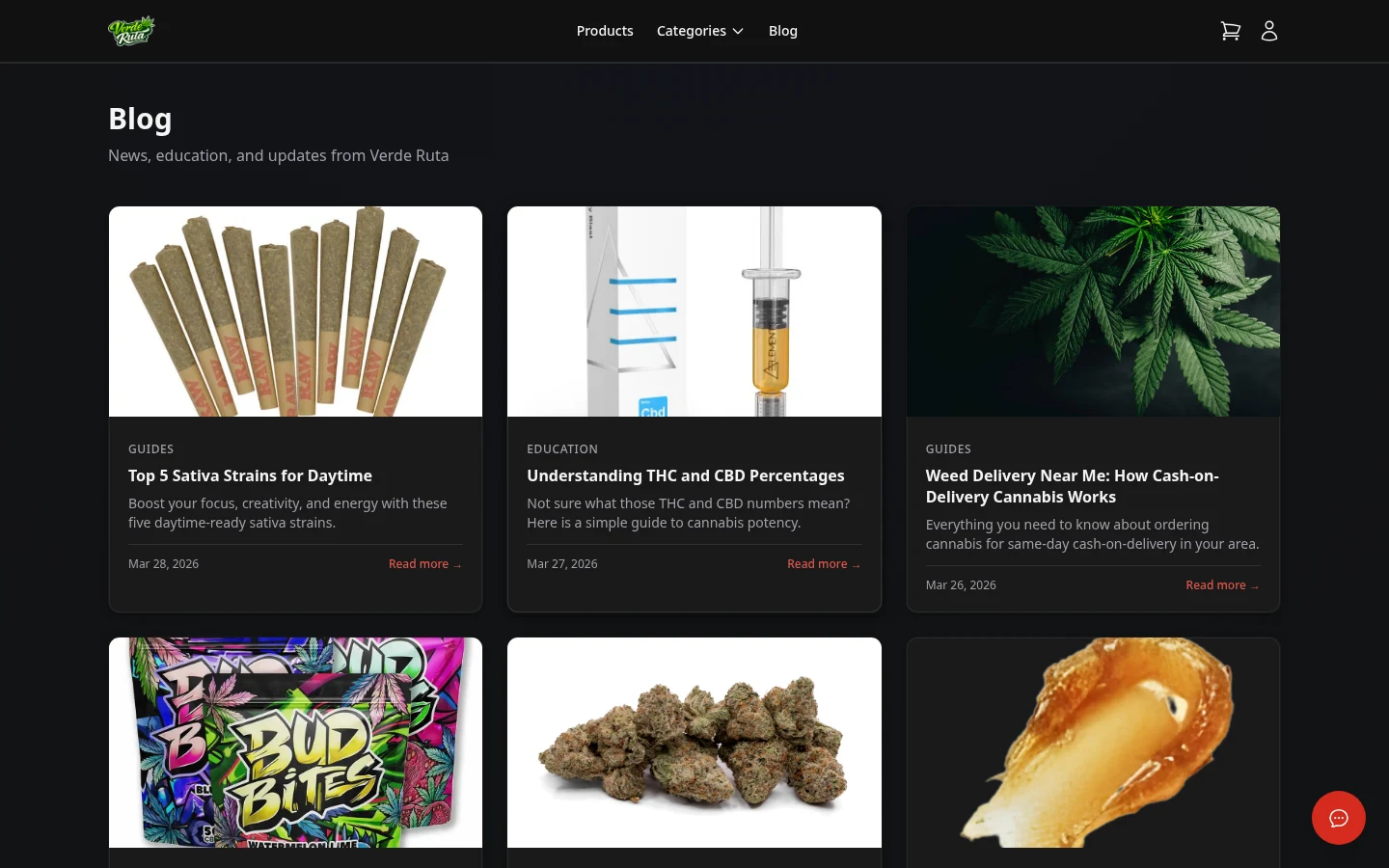 DabDash storefront blog page showing article cards and featured content