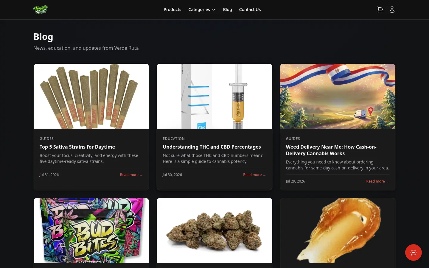 Página de blog de la tienda DabDash mostrando tarjetas de artículos y contenido destacado