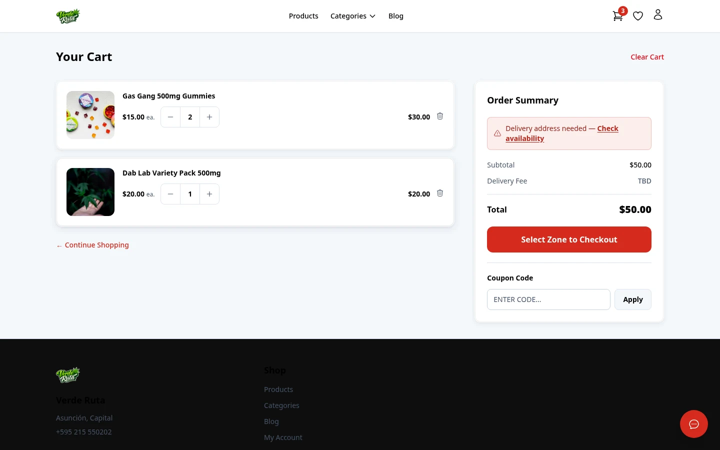 DabDash cart showing products, delivery address entry form, order summary, and coupon code input