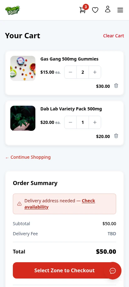 DabDash cart showing products, delivery address entry form, order summary, and coupon code input