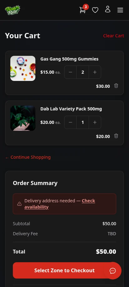 DabDash cart showing products, delivery address entry form, order summary, and coupon code input