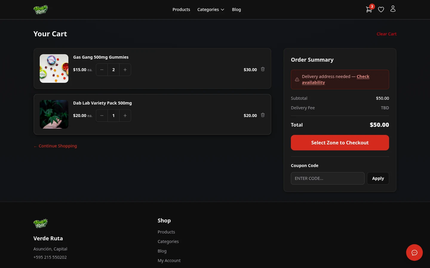 DabDash cart showing products, delivery address entry form, order summary, and coupon code input