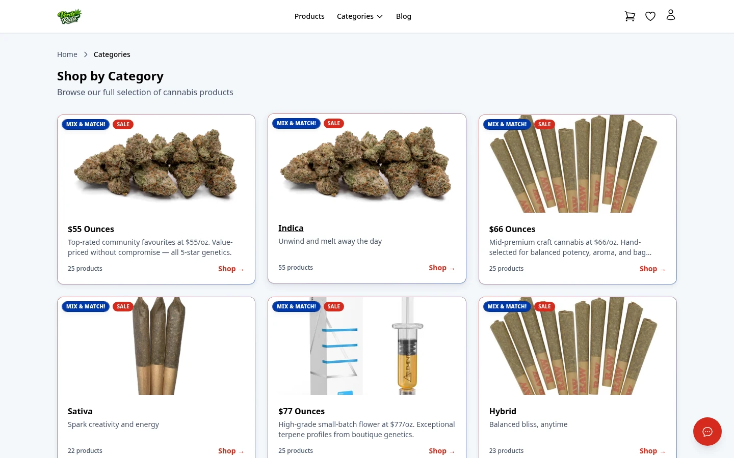 Página de categorías de la tienda DabDash mostrando recuentos de productos y tarjetas de categoría