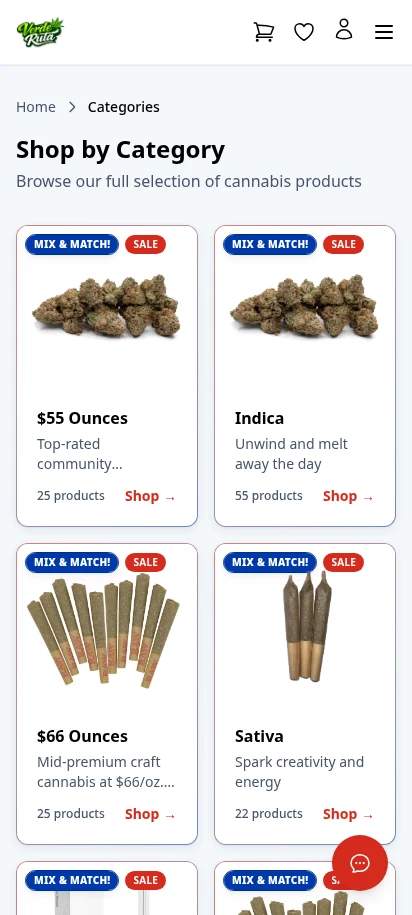 DabDash storefront categories page showing product counts and category cards — mobile view